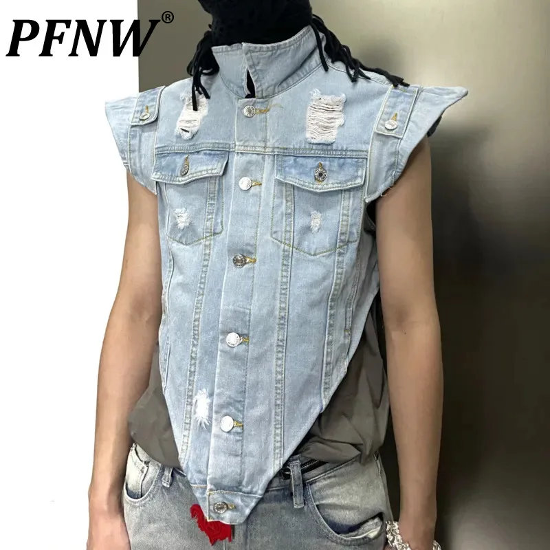 

PFNW Spring Summer Men's Tide Techwear Vest High Street Worn Out Outdoor Slim Irregular Denim Personality Wax Waistcoat 12Z1033