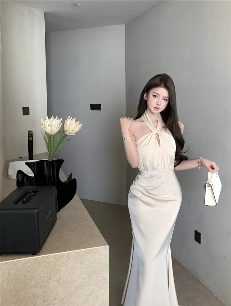 Sexy Bodycon Satin Evening Party Dress Sleeveless Halter Slim Mermaid Summer New Midi Dresses for Women Prom Vestidos Mujer