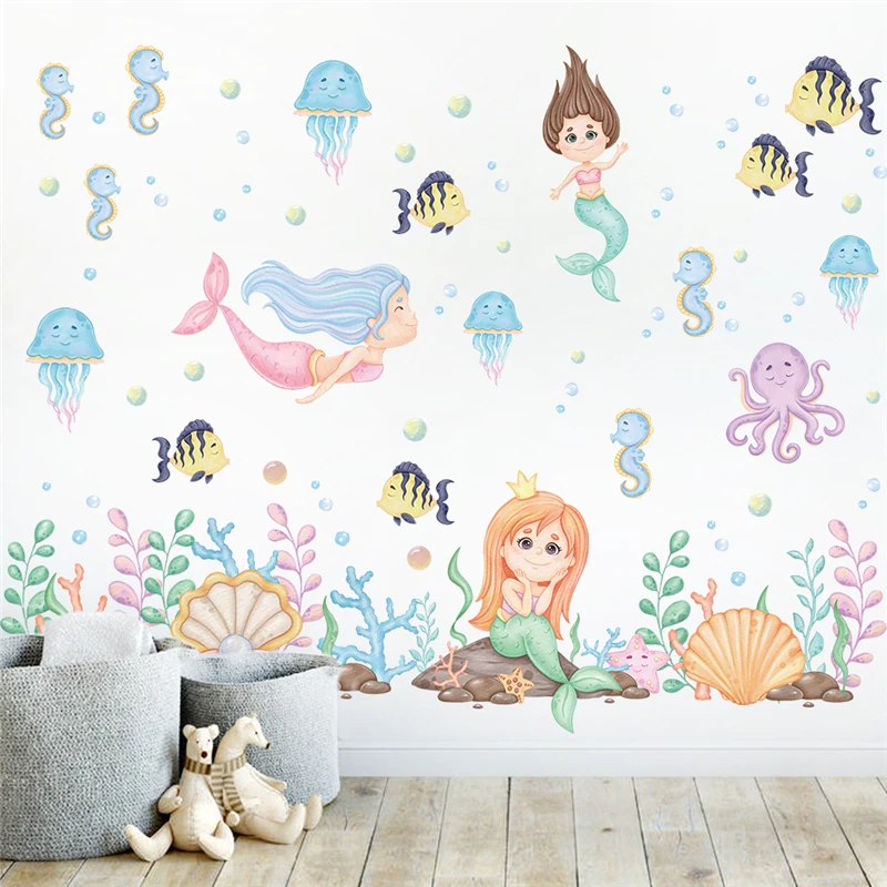 

Мультяшные рыбы-русалки, морские рыбы, наклейки на стену для украшения дома, «сделай сам», подводный мир, роспись, искусство, наклейки для детской комнаты