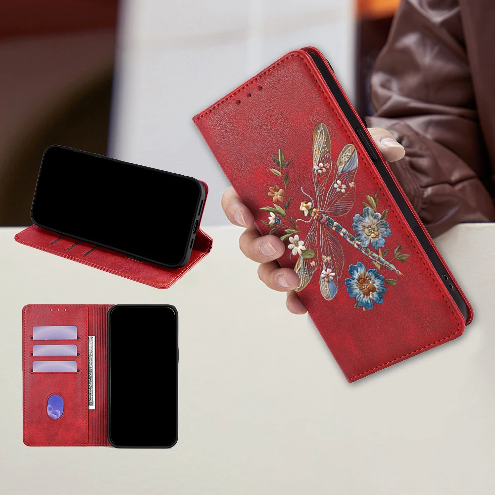 Dragonfly Flower Pattern Leather Flip Cover