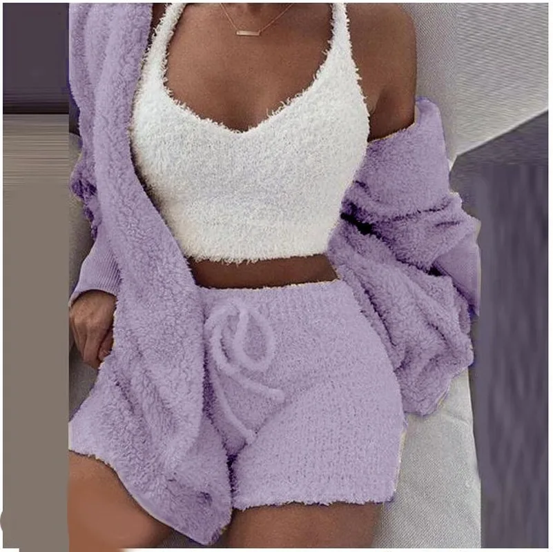 Fashion Suit Large 2 Piece Set Women 2024 New  Winter Women Plush Home Wear Casual 3-piece Pajamas Long-sleeved Vest Shorts