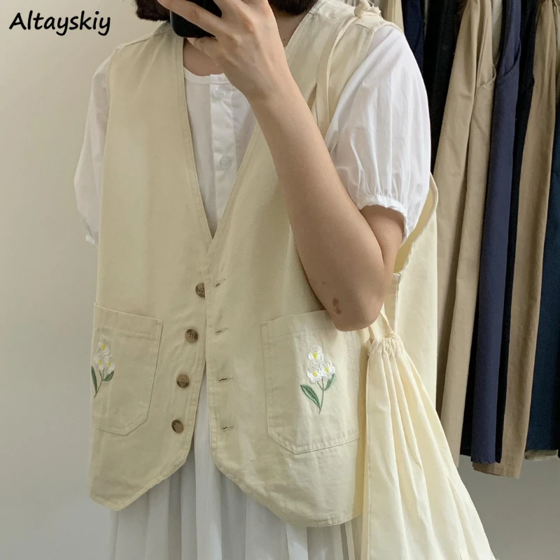 

Apricot Vests Women Japanese Style Embroidery Single-breasted Vintage Ulzzang Loose Straight Spring Students Streetwear Chic