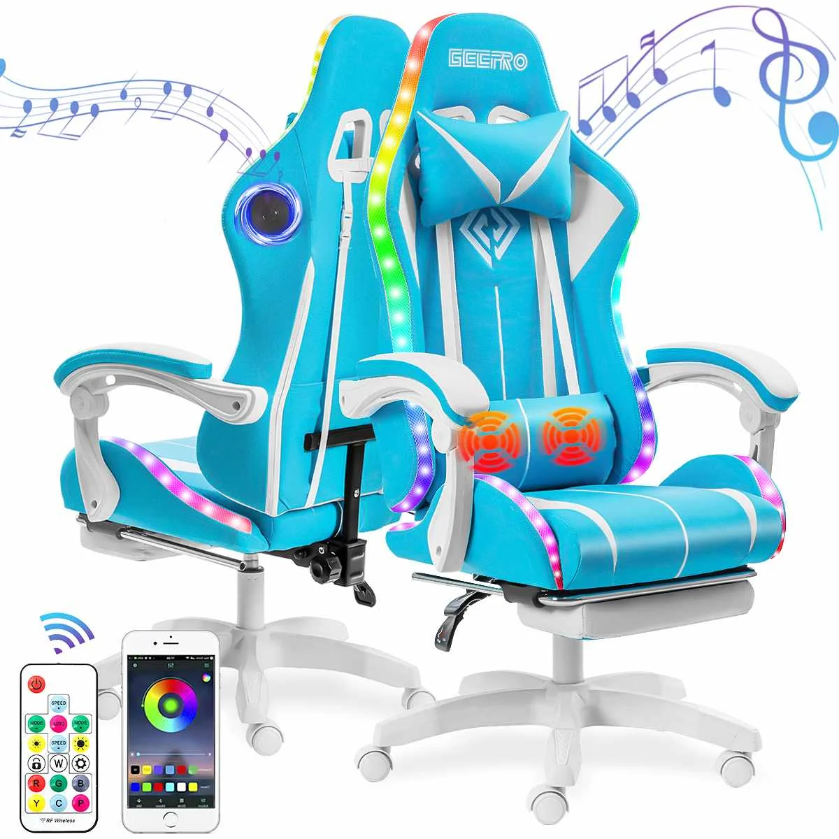 135 Degrees Gaming Chair RGB Light Office Chair Gamer Computer Chair Ergonomic Swivel 2 Point Massage Recliner Bluetooth Speaker 