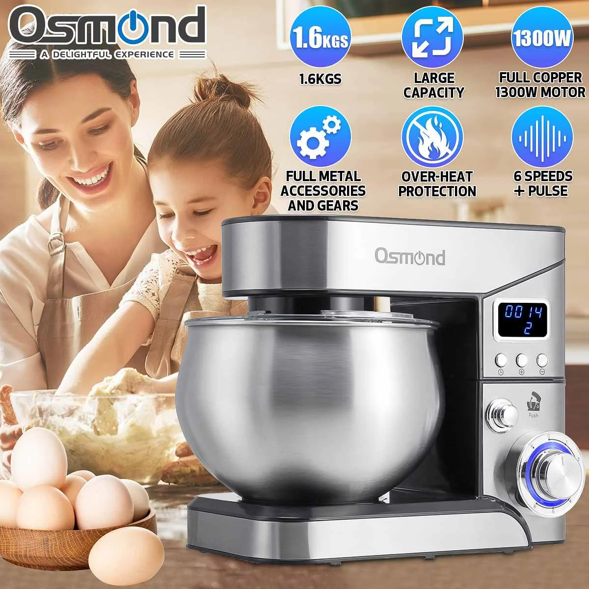 OSMOND 1300W LCD Professional Kitchen Food Stand Mixer 6 Speed