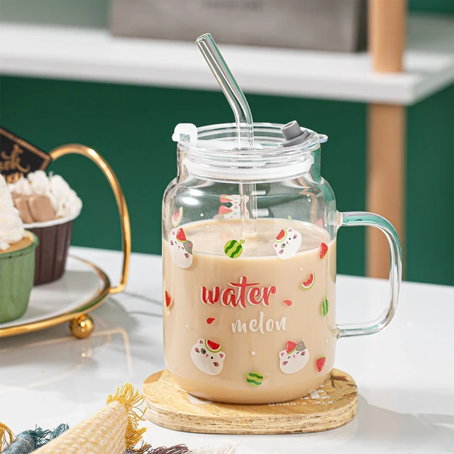 Floral Mason Jars With Lid and Straw, Floral Glass Cup With Handle, Glass  With Handle and Lid, Mason Jars With Lid, Iced Coffee Glass 