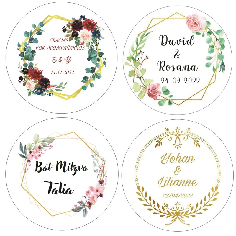 80 Pieces 3.5cm Custom Add Your Name and Date Wedding Flower Stickers Invitation Seals Candy Gift Box Paper Label