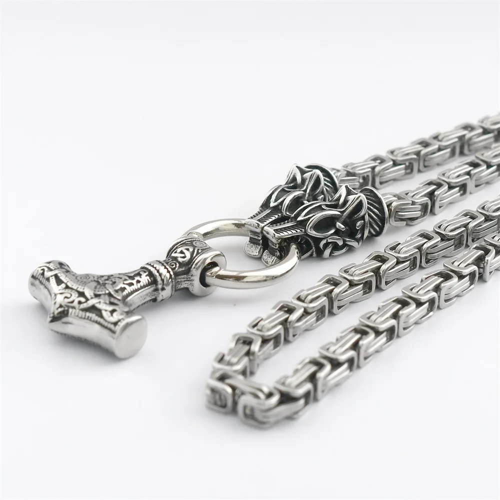 Men's Viking New Wolf Head King Chain Necklace Stainless Steel Nordic Thor's Hammer Amulet Pendant Necklace