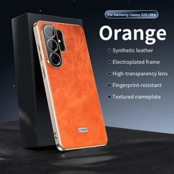 Luxury Oil Wax Plain Leather Phone Case with Electroplated Frame - Anti - Drop Protective Cover - Galaxy S26 Ultra (Orange)
