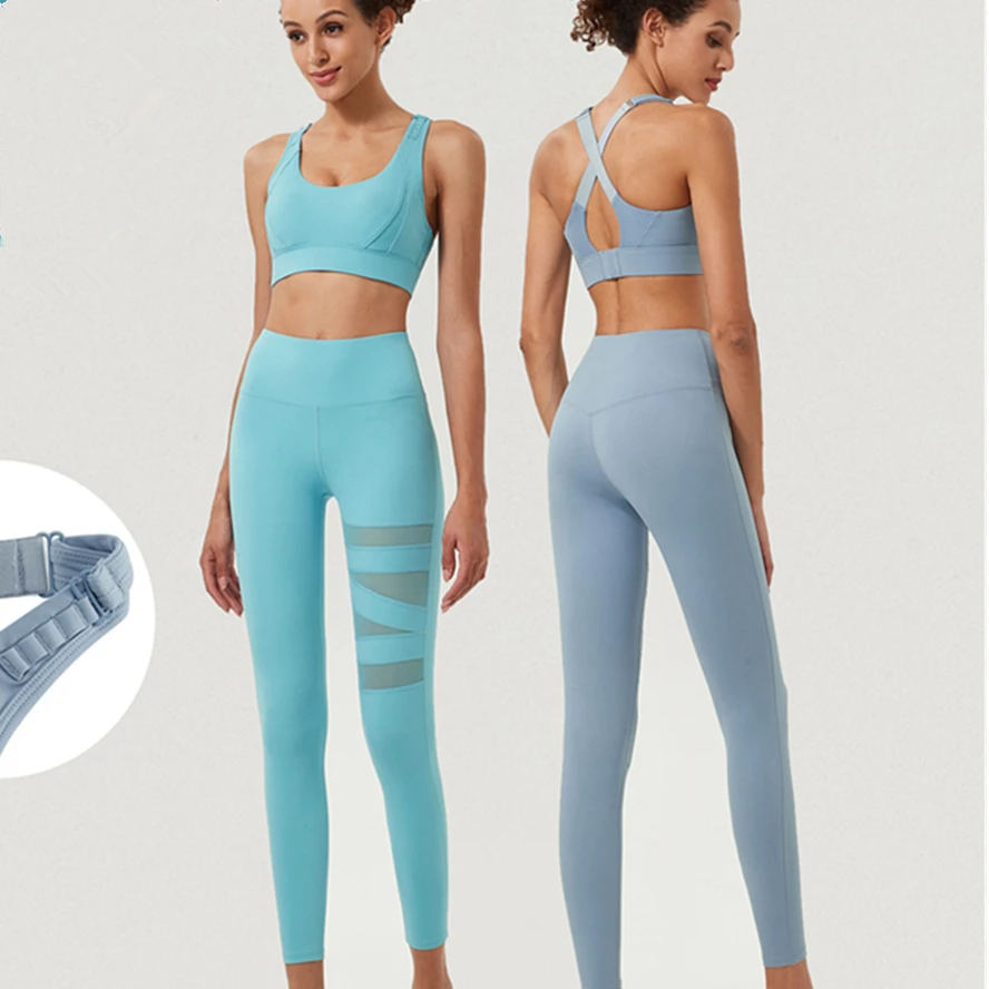 Jenny&Dave New Gym Sets Camisole Women Hollow Out Skinny Pants Sportswear High Elastic Adjustment Size Yoga Suit Short Tank Tops