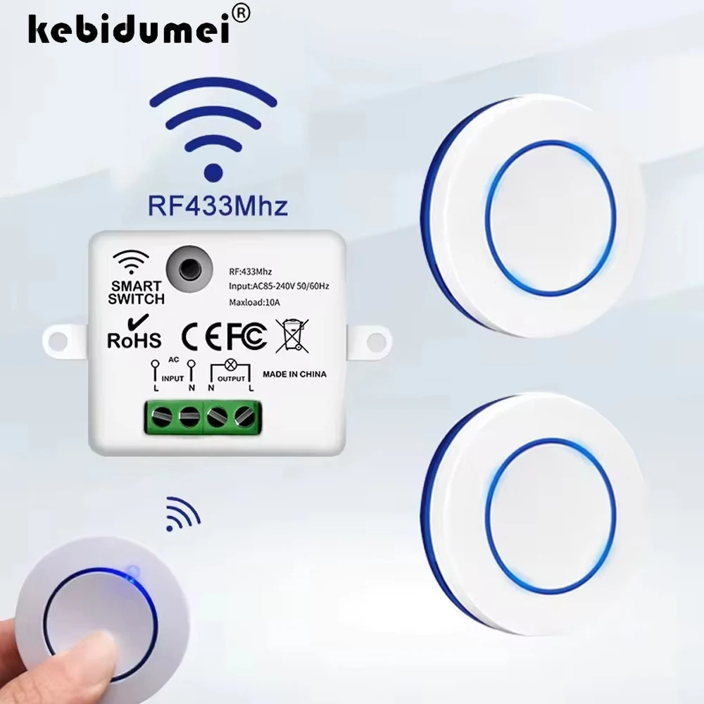 RF 433MHz 무선 조명 스위치 220V 110V 10A 릴레이 컨트롤러 미니 원형 버튼 벽면 패널 스위치 LED 램프용 리모컨 ,RF 433MHz Wireless Light Switch 220V 110V