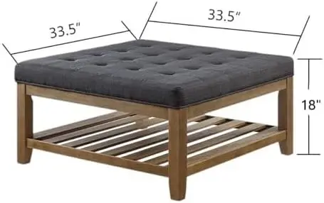 Large Square Upholstered Tufted Linen Ottoman Coffee Table, Large Footrest Ottoman with Solid Wood Shelf- Charcoal 5