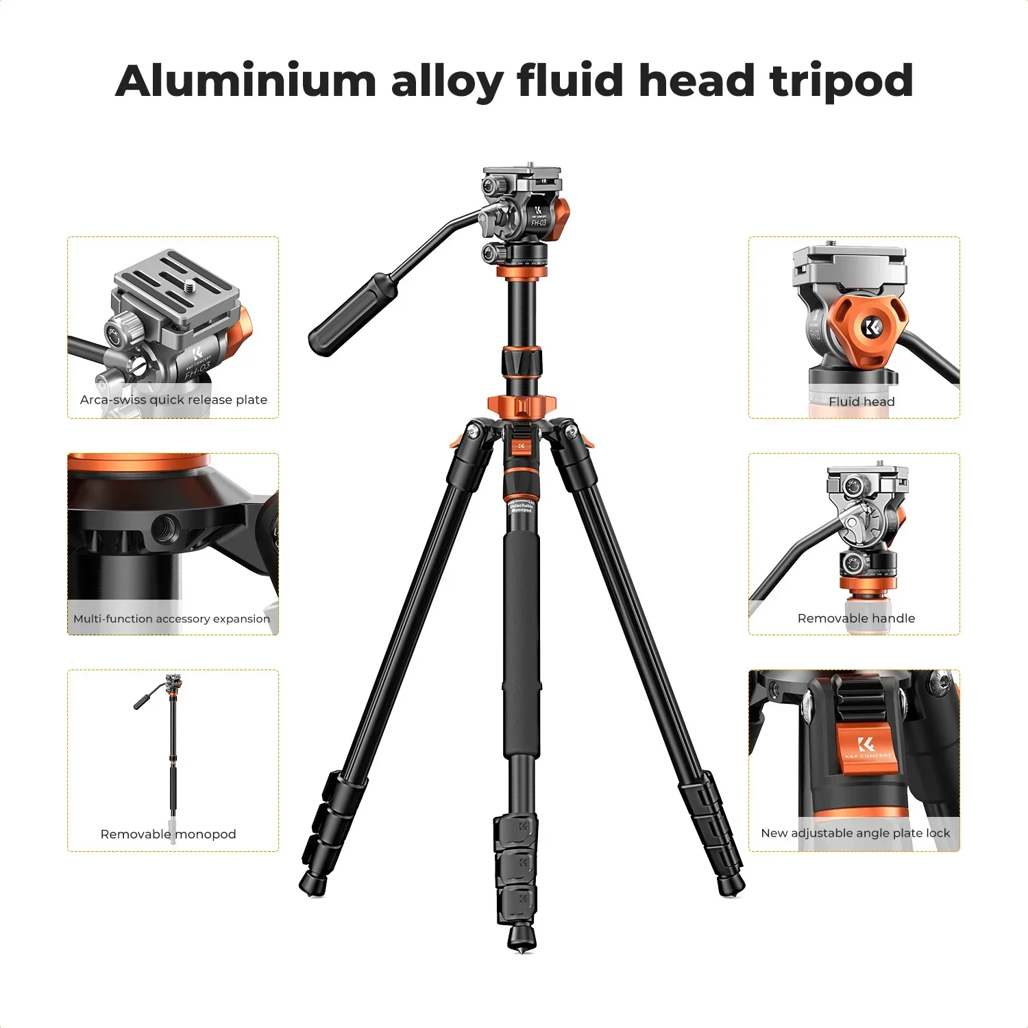 K & F Concept 83 ", 2.1m Camera Tripod Compact Aluminum Alloy Portable Monopod Hydraulic Head for DSLR Video Shooting