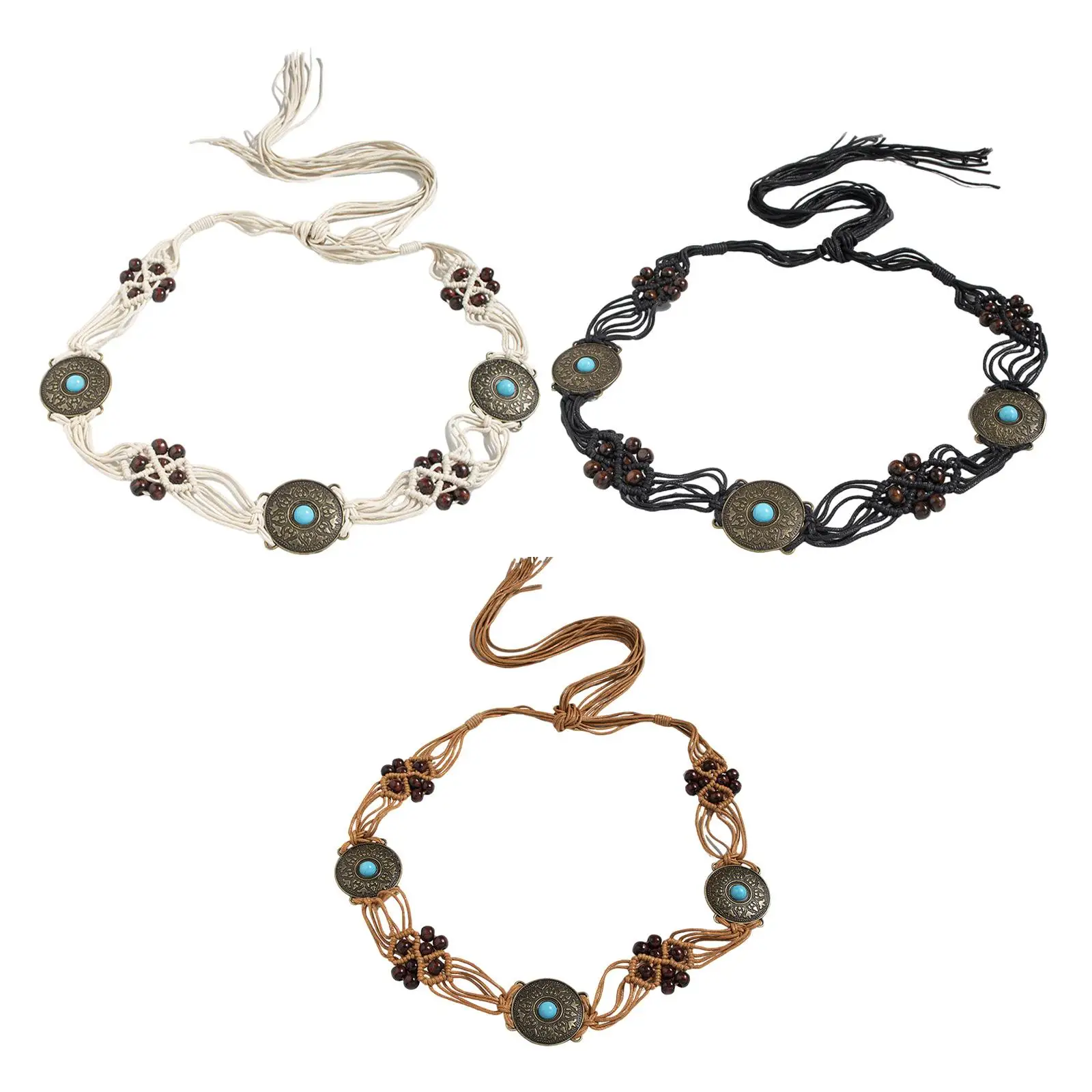 Bohemian Woven Waist Belt with Knots and Inlays Woven Dress Belt for Daily Life
