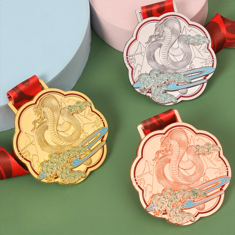 Customized Chinese Style Year of the Snake Medal Marathon Enterprise Event Commemorative Children's Metal Gold Silver Copper 1Pc
