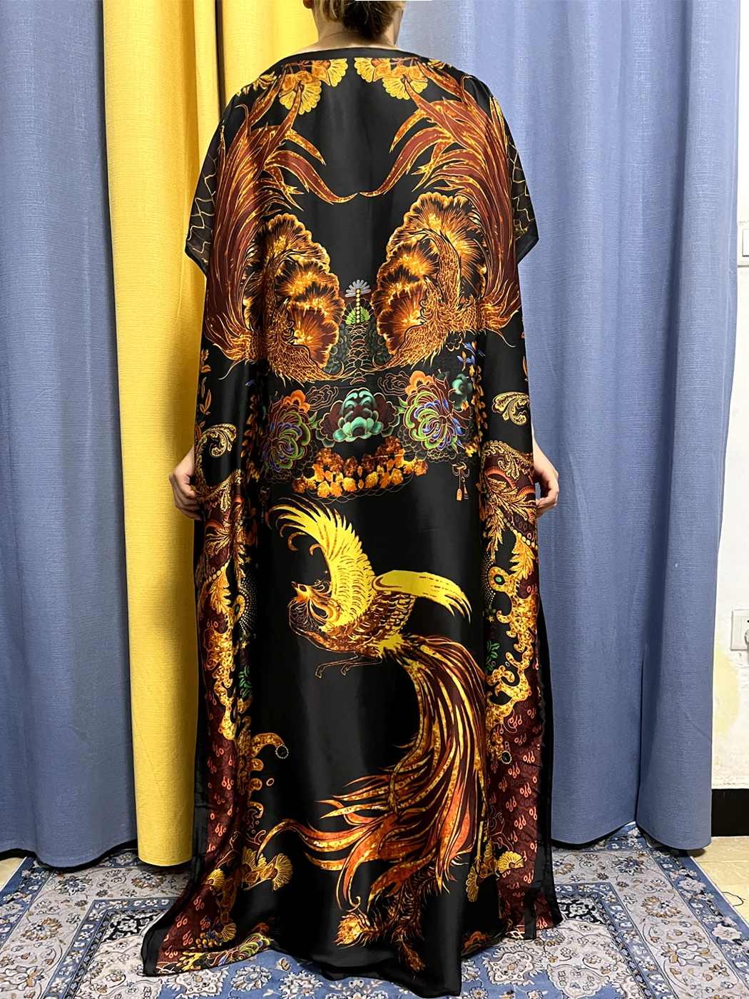 Muslim Abayas For Women Silk Peacock Print Push Press Loose Femme Robe Afircan Nigeria Islam Party Evening Dress With Turban