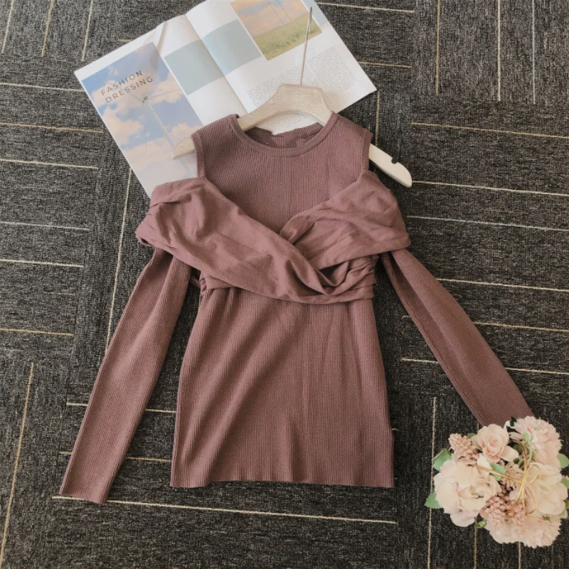 

Женский трикотажный джемпер с длинным рукавом, круглым вырезом и открытыми плечами