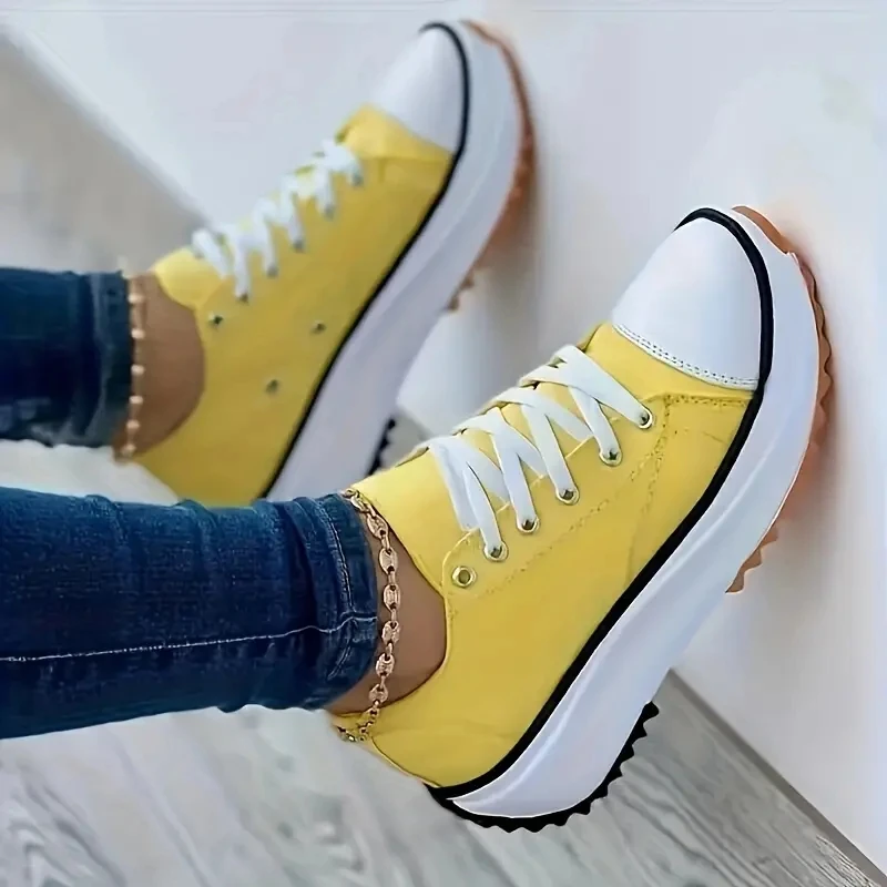 Womens Sneakers Running Shoes Women's Chunky Canvas Shoes Non Slip Lace Up Casual Sneakers Thick Sole Running Sports Shoes