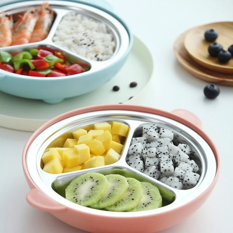 Household Portable Cute 304 Stainless Steel Children's Dinner Plate Grid Student Baby Tableware Rice Bowl Fast Food Plates