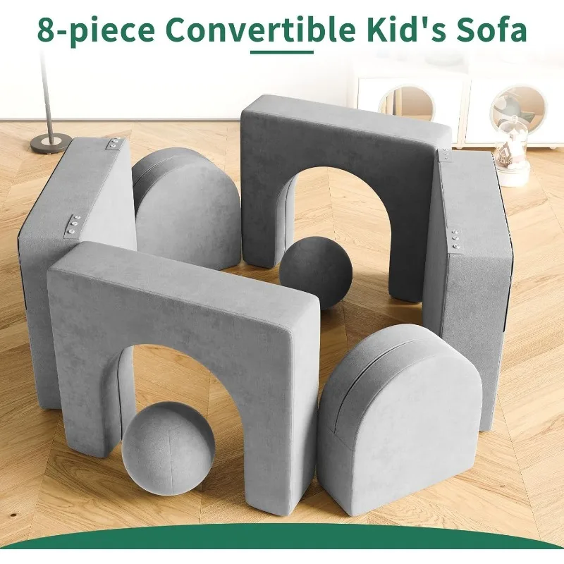 8 Pcs Kids Couch Fold Out Toddler Couch Building Fort with Balls Convertible Kids Floor Sofa and Foam Couch for Boys and Girls 5