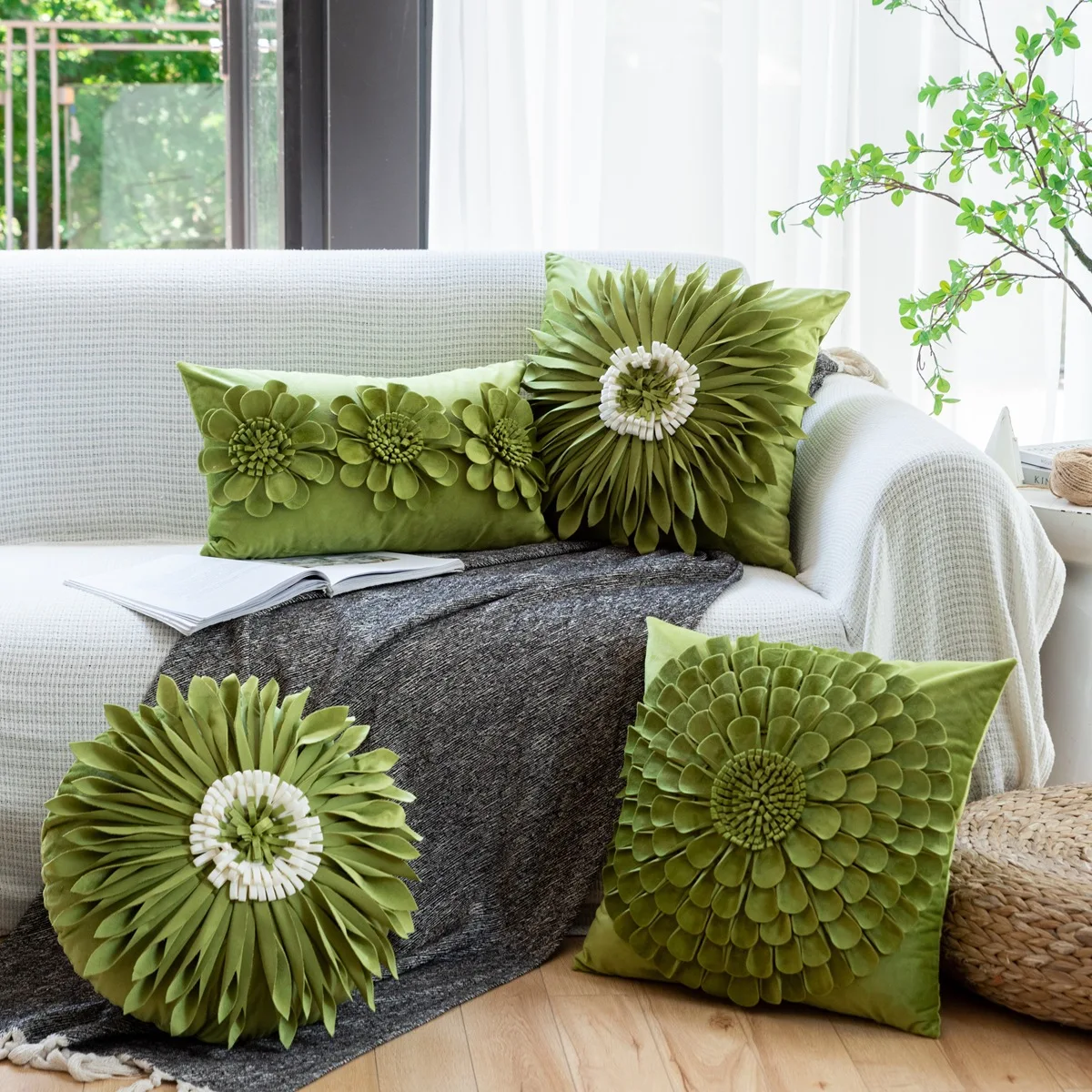 Pure Green Handmade Flower Cushion Cover Round Square Light