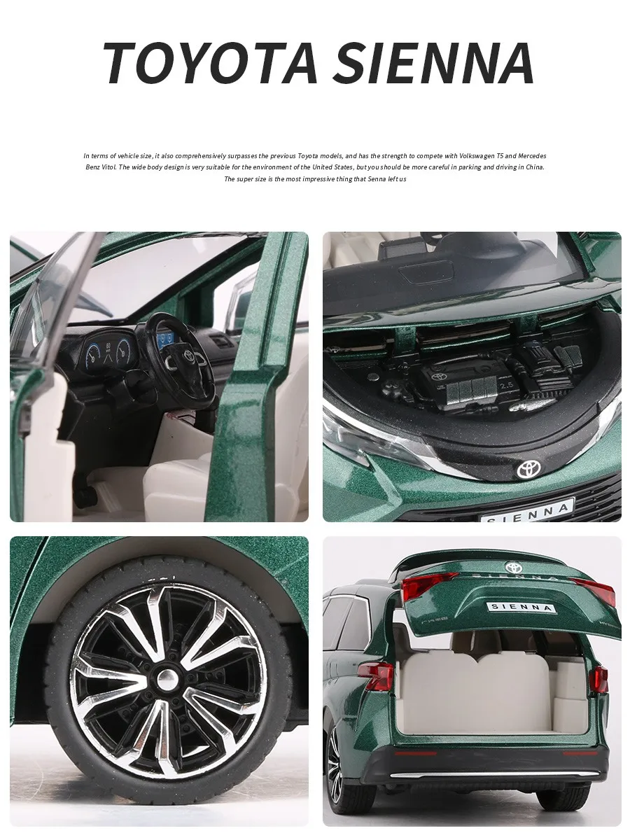 1/24 TOYOTA SIENNA MPV Van Diecast Toy Car Model Miniature Pull Back Sound & Light Doors Openable Collection Gift For Boy Kid 6