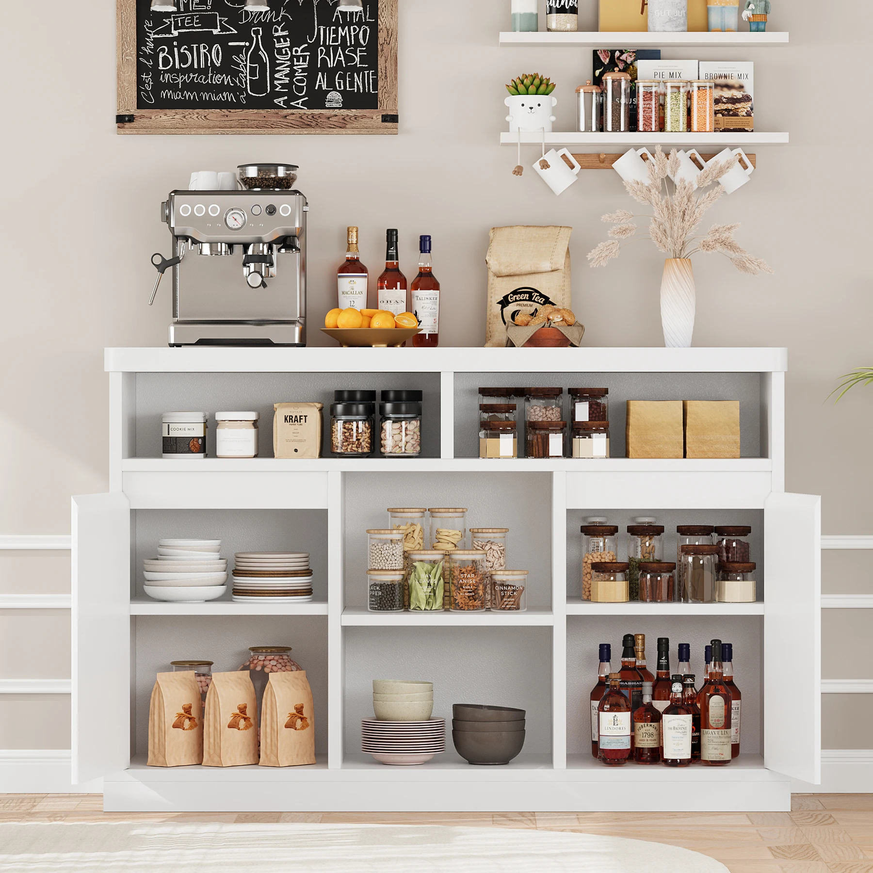 Sideboard Buffet Storage Cabinet with Fluted Doors, White Modern 47" Coffee Bar Cabinet for Living Room, Dining Room, Kitchen