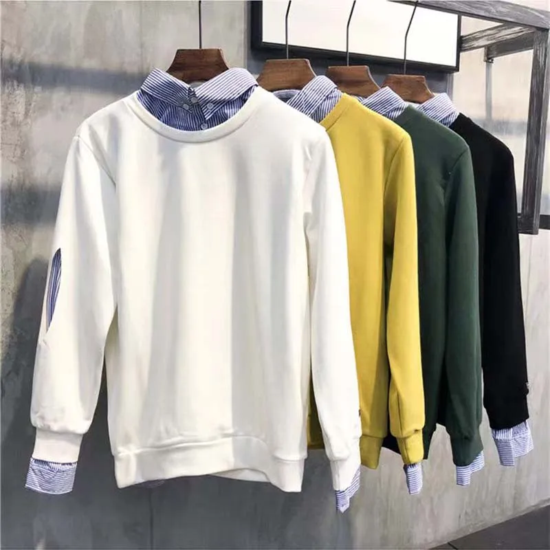 Fall/Winter 2022 New Long Sleeve Shirt Collar Paneled Stripe Fake Two Sweatshirt Men's Korean Trend Knitwear