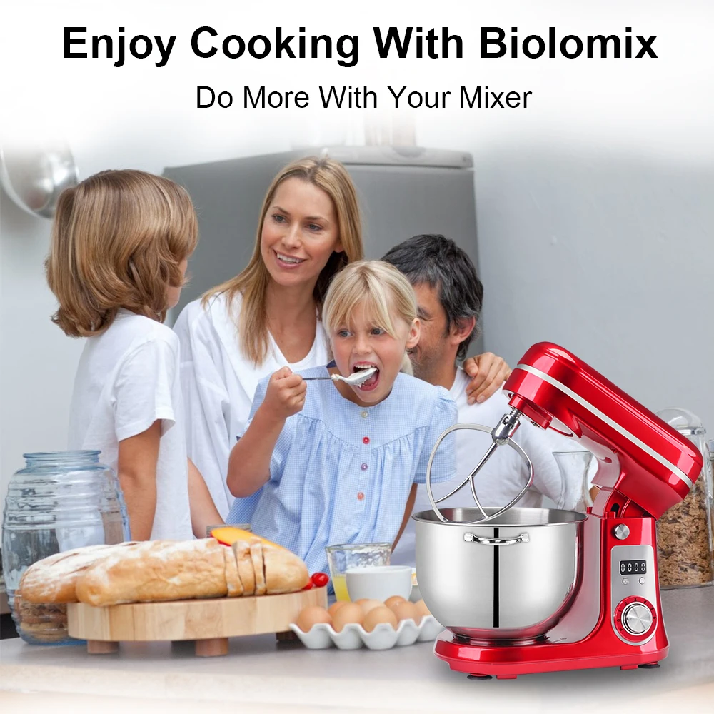 BioloMix mélangeur sur socle de cuisine 6L, 1200W DC, moteur silencieux, bol en acier inoxydable, 6 vitesses, fouet à œufs crème, pétrisseur à pâte