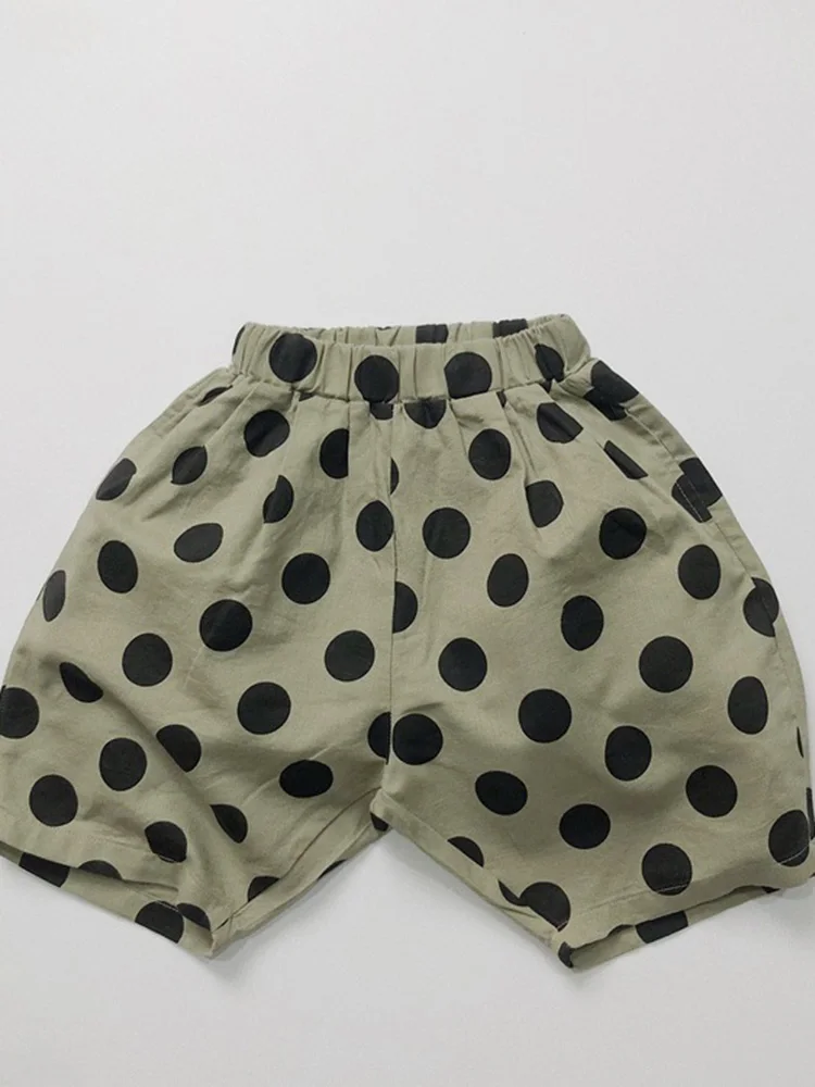 

Classic Polka Dot Light Korean Version Children's Linen Polka Dot Five-point Pants Boys and Girls Loose Casual Pants