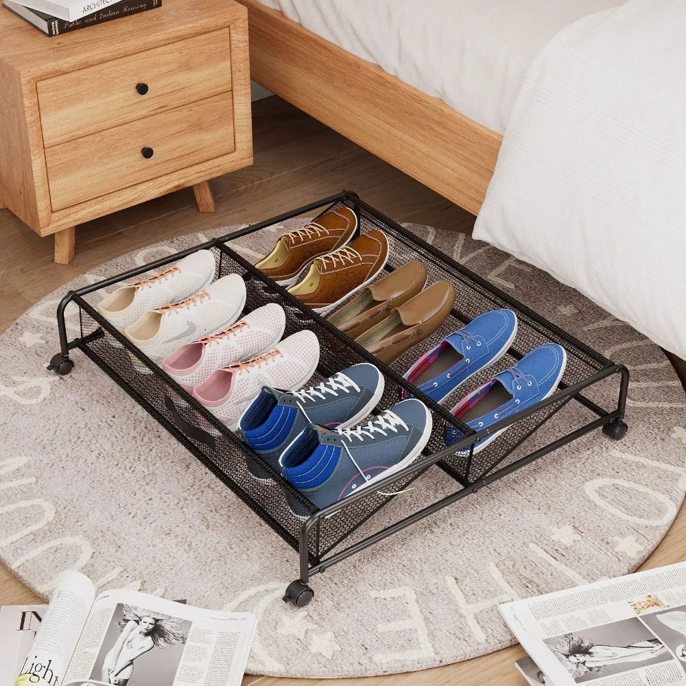 Under The Bed Shoe Storage with Wheels Bedroom Movable Save Space Stored Shoes Cabinet Large Capacity Metal Storage Shoe Rack