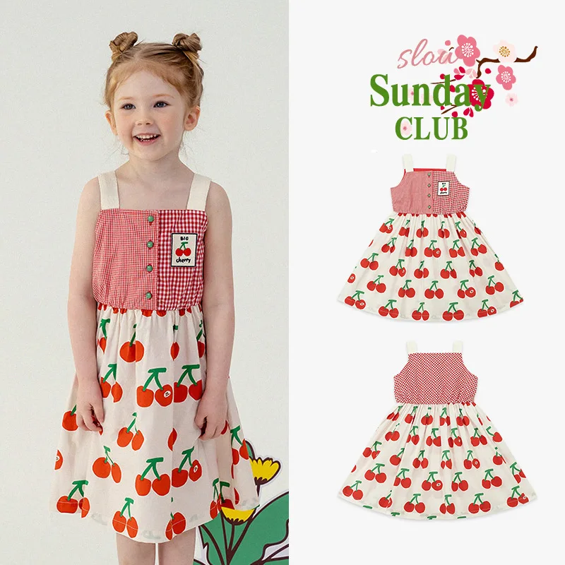 

Jenny&Dave Spot 23 Summer New Girls' Fashionable Casual Dress, Cute Cherry Full Print Loose Fit Dress for Children