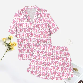 Ensemble Pyjama Femme Été Mignon Imprimé Cartoon 2 Pièces - T-Shirt Manches Courtes Et Pantalon Capri Coton Léger