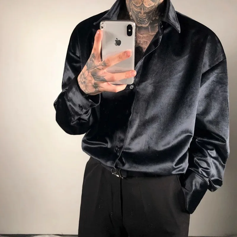 Spring New Arrival Wine Red Velvet Shirts for Men High-end Niche Luxury Solid Color Lapel Buttons Long Sleeve Drape Mens Shirts