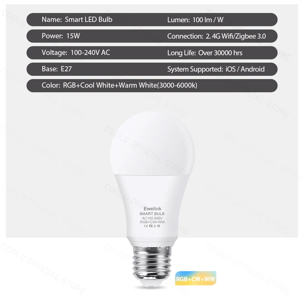 COOLO-Lâmpadas LED inteligentes EWelink, lâmpada regulável, Wi-Fi,