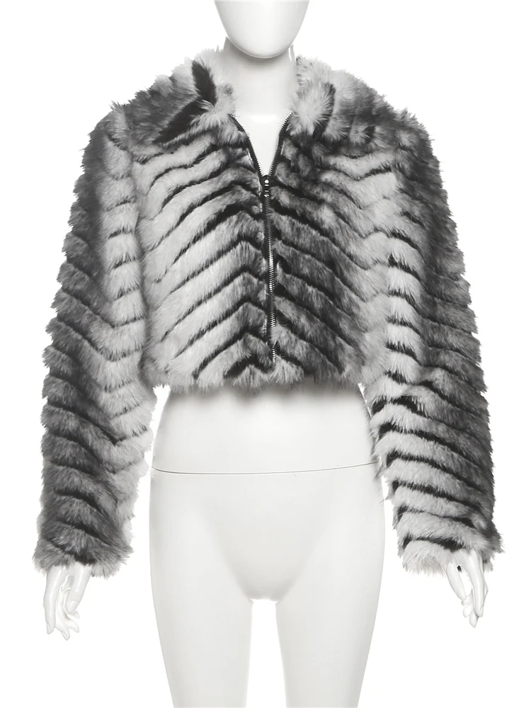 Nibber Furry Jacker Women Gradient Zebra Stripes Zipper Casual Warm Winner New Trend Street Fashion Classic Comfortable Coat