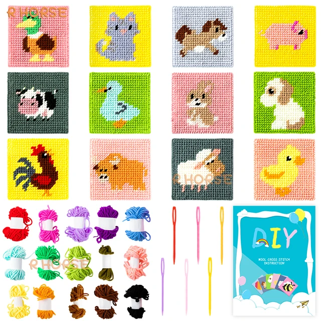 12-in-1 Cross Stitch Kit for Kids Needlepoint Starter Sewing Set DIY Craft  Rainbow Heart Sunflower Patterns Embroidery Beginners - AliExpress