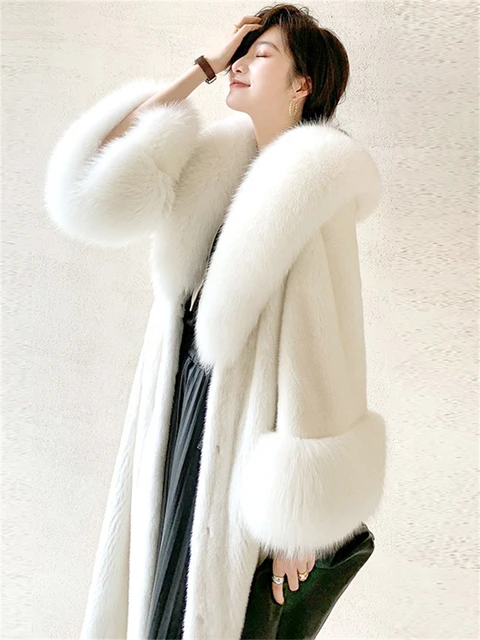 White Mink Fur Coat Women Long Light Luxury Temperament Thick