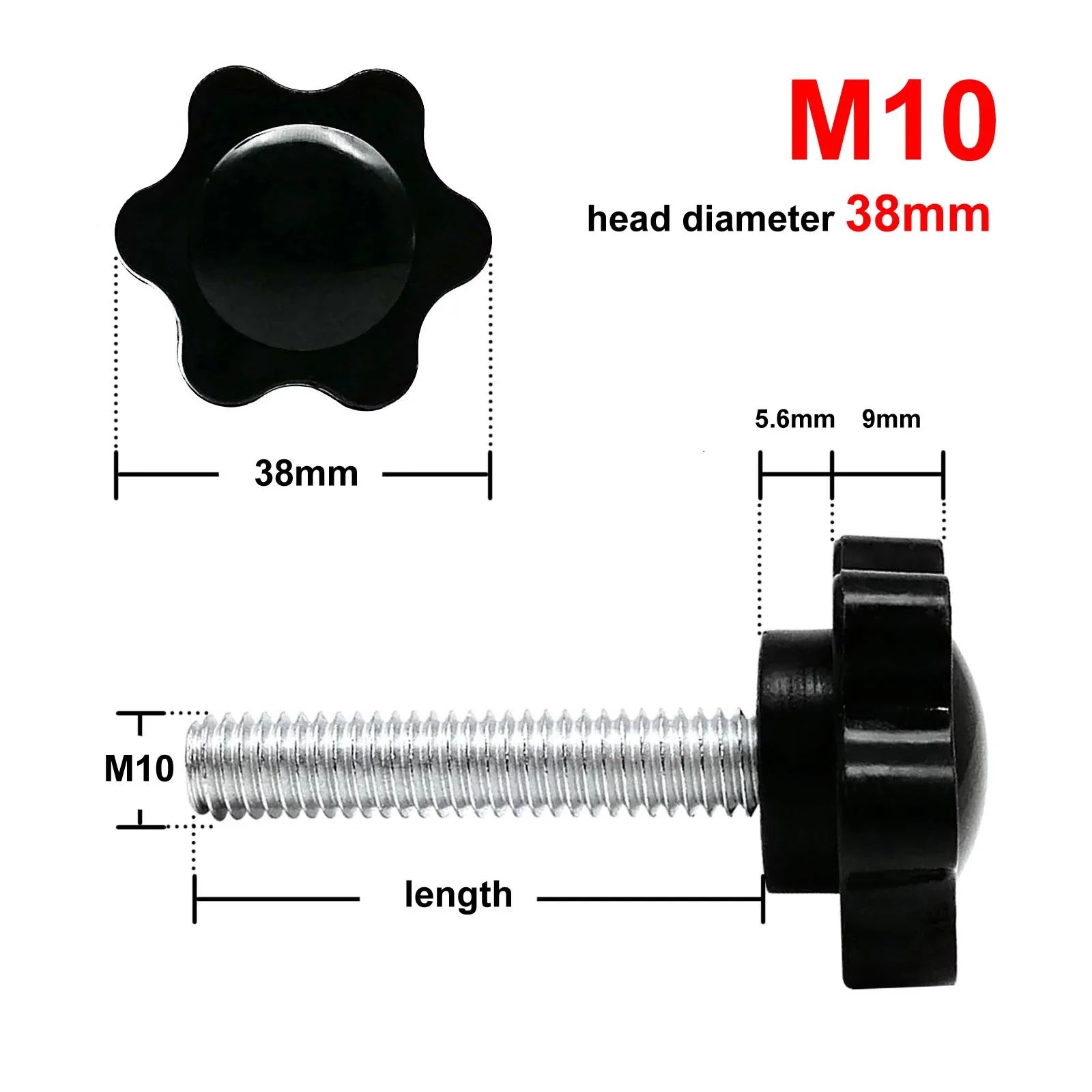 Set of Black Plastic Hand Tighten Thumb Screws with Six-Lobe Head - Adjustable Clamping Bolts (8-100mm Length)