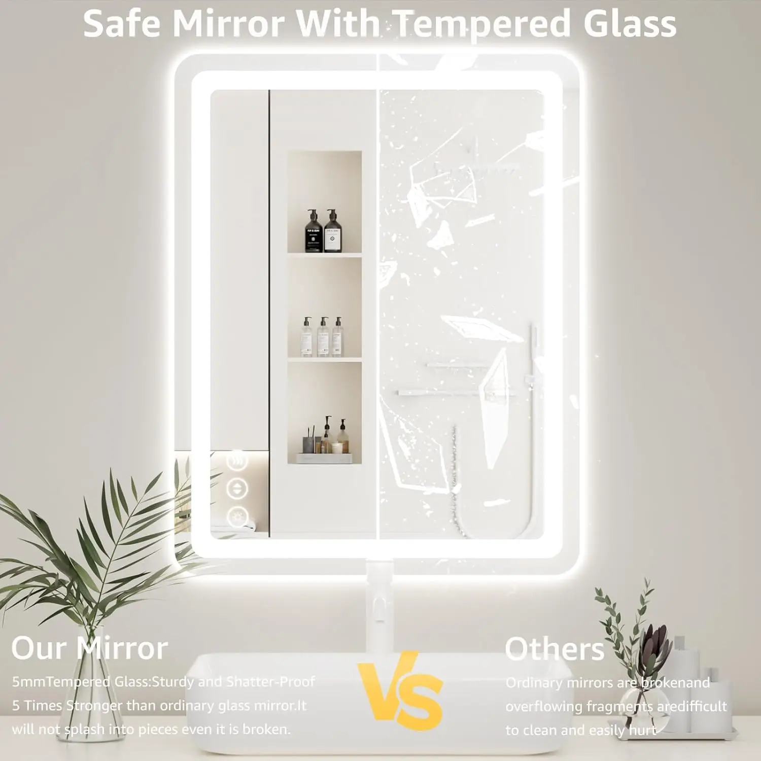40" x 36" Led Bathroom Mirror with Lights, Anti-Fog & Tri-Color Lighting - Wall Mounted Shaving Mirror with Touch Sensor, Waterp