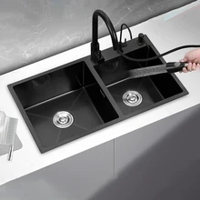 

Drain Black Kitchen Sink Drainboard Stainless Steel Pipe Undermount Washing Sink Double Bowl Cocina Accesorio Home Improvement