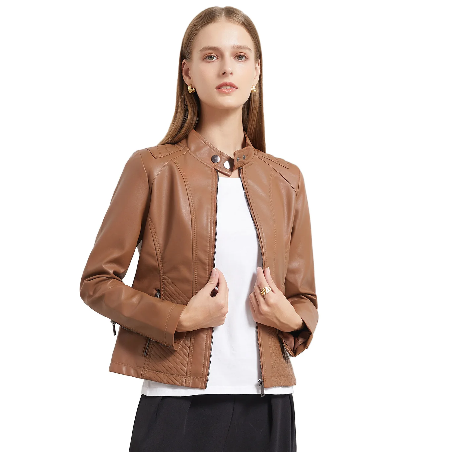 

Brand Street Fashion 2024 For Autumn Winter New Khaki StandNeck Women's Jacket Casual Fit Zipper Locomotive Short Coat Plus Size