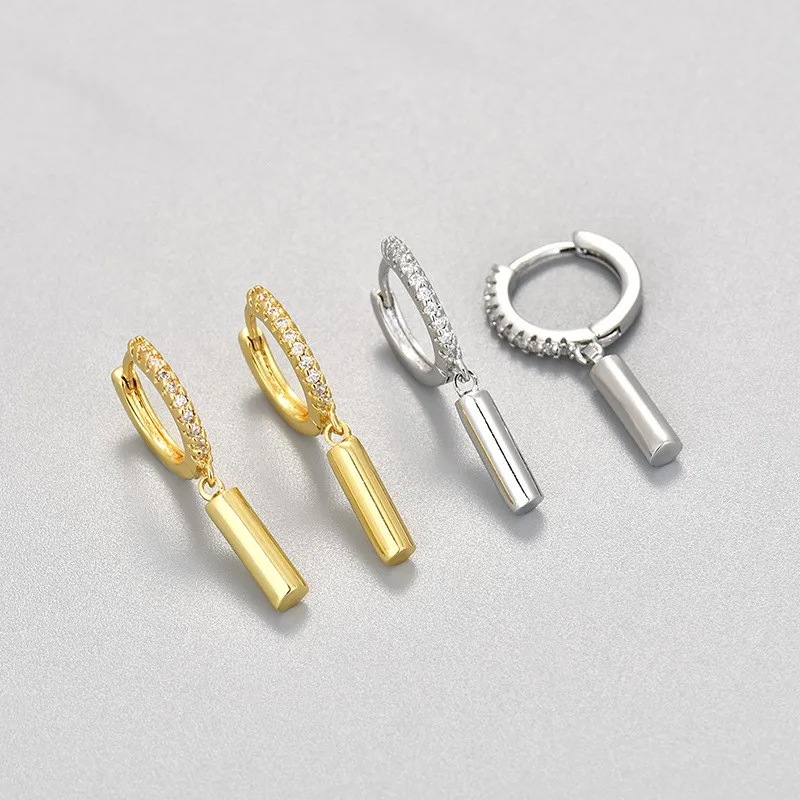 Silver Color Zircon Cylinder Pendant Hoop Earrings for Women Vintage Unique Niche Design Dangle Earring Jewelry Gifts