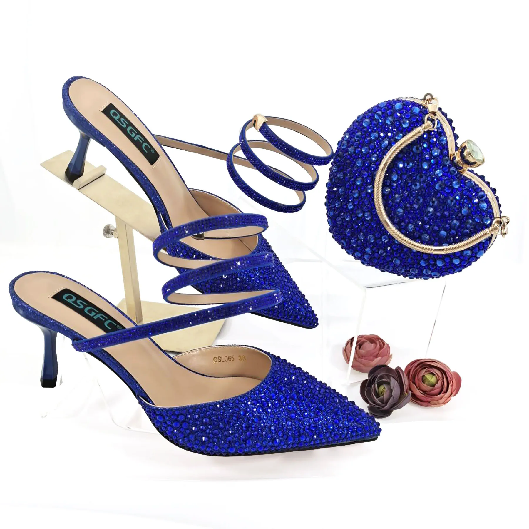 

2024 Italian Design Royal Blue Flash Diamond Decoration Simple And Versatile Elegant High Heels Party Young Girl Shoes And Bag