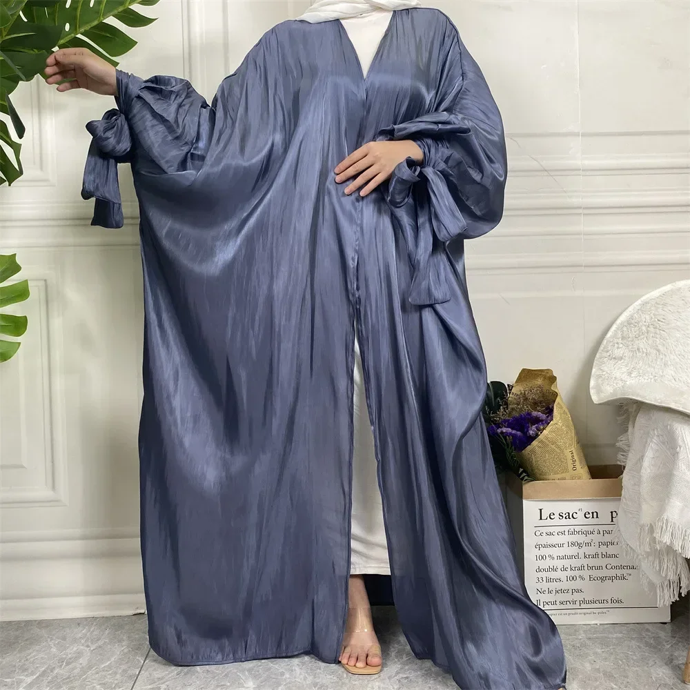 Open Abaya Kimono Islamic Arab Shiny Silk Lace-up Sleeves Cardigan Turkey Muslim Dress Kaftan African Abayas for Women Dubai