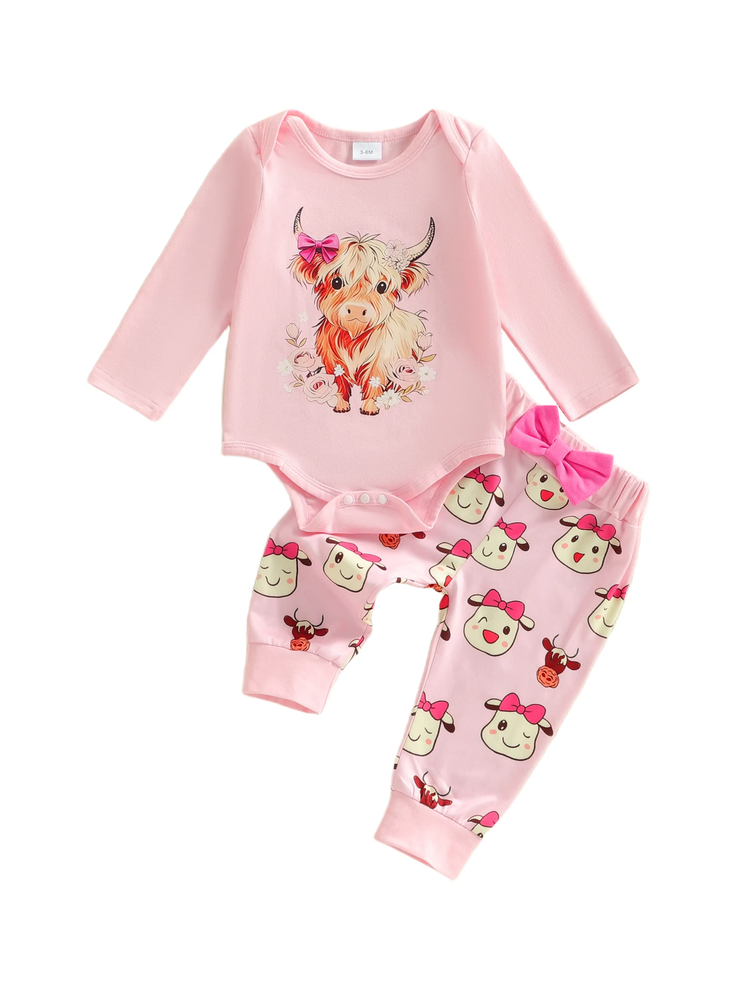 Toddler Girls 2 Piece Outfit Set with Long Sleeve O Neck Highland Cattle Print Romper and Pants for Playtime