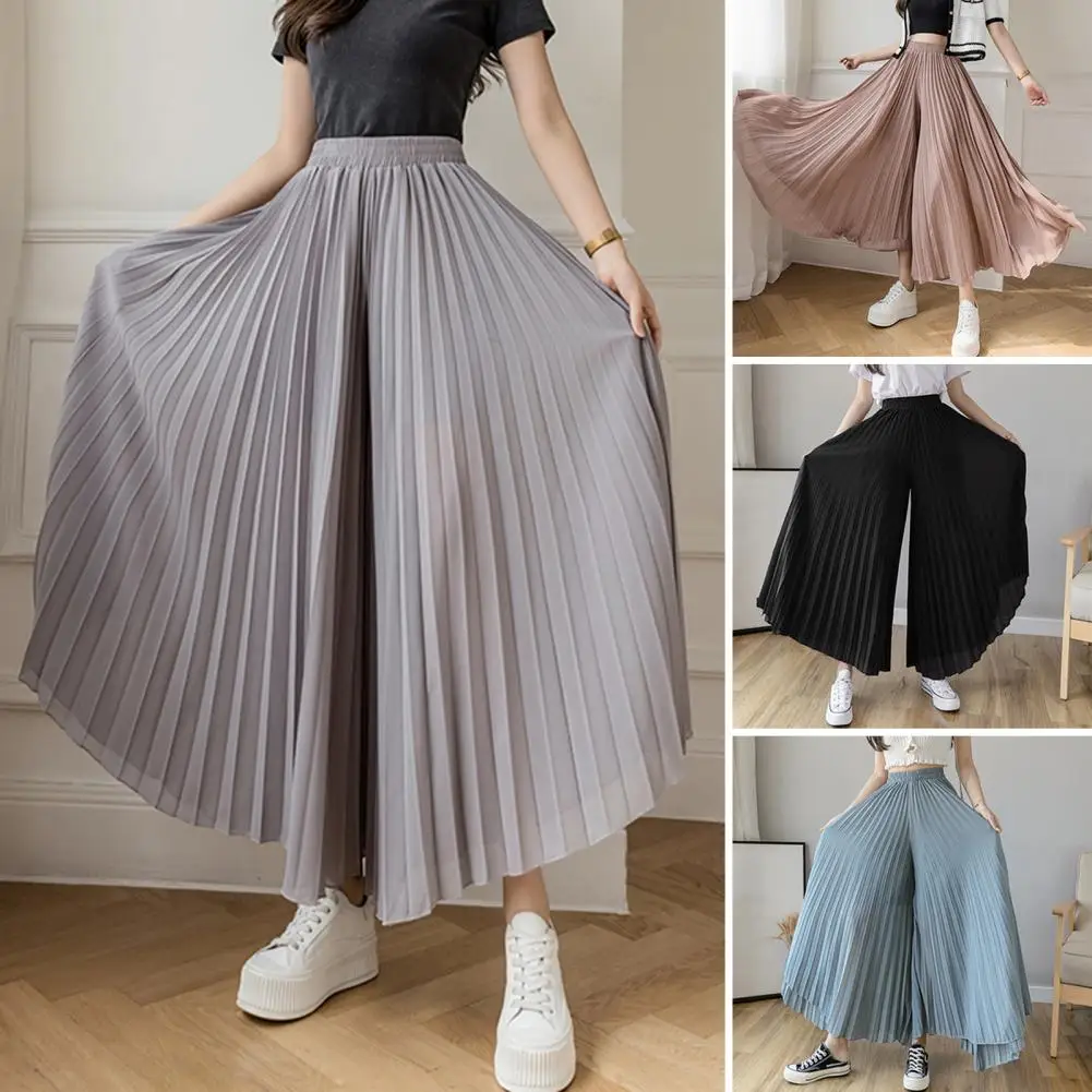 

Плиссированная шифоновая юбка-брюки, тонкие повседневные женские брюки с высокой талией и широкими штанинами в Корейском стиле Харадзюку, одежда, мешковатые брюки