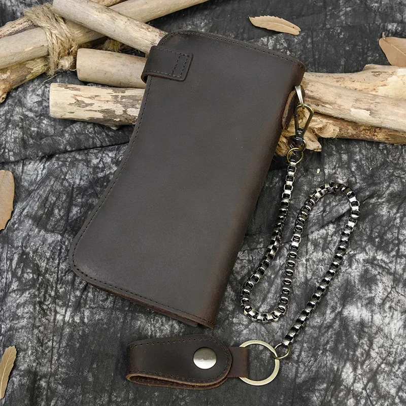 Black Leather Bifold Wallet with Iron Chain for Men