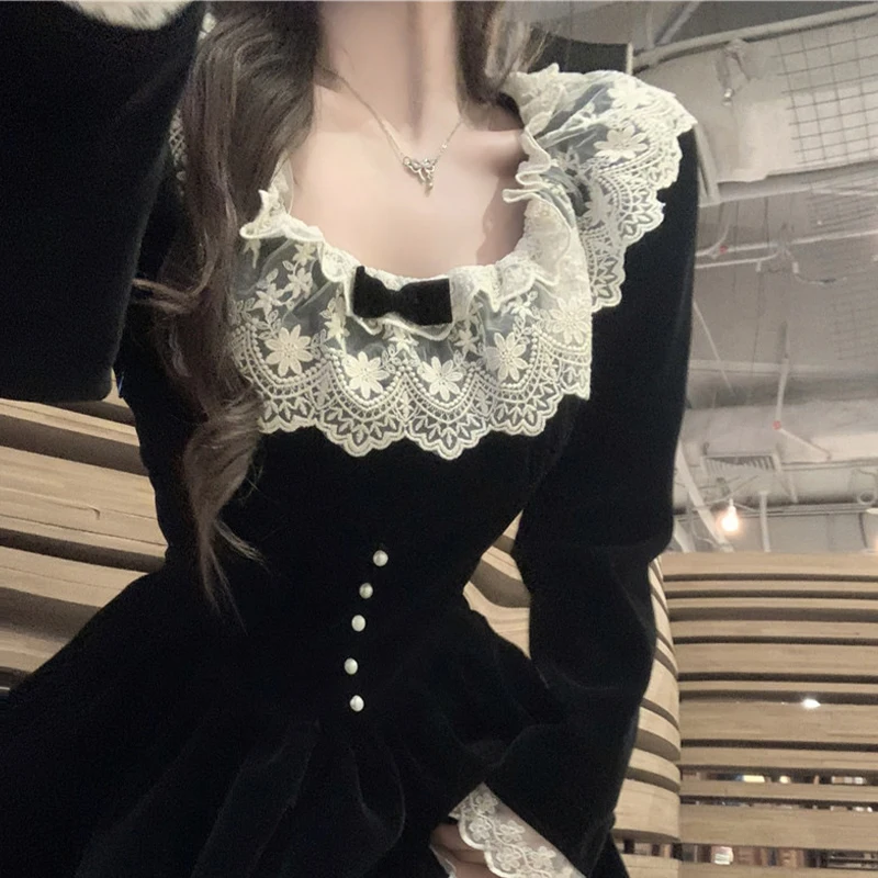 Vestido Y2K para mujer, ropa estética, con encaje, escote redondo, manga larga, corte A, minivestido de terciopelo, vestidos de fiesta, ropa de calle