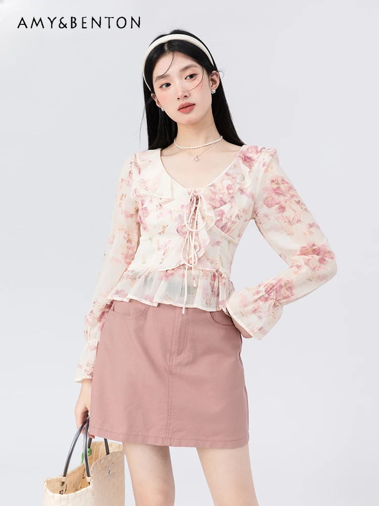 

French Elegant Floral Chiffon Blouse Women 2024 Spring New Sweet Lotus Leaf V-neck Short Blouses Commute Style All Match Blusas