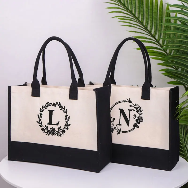 Canvas Tote Shoulder Bags Alphabet Letters Flower Color Simple Fashion Water and Dirt Proof Shopping Handbags Picnic Storage Bag